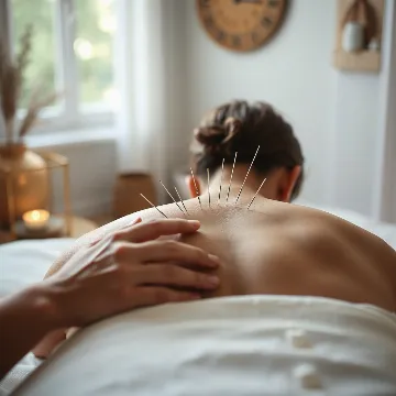 A serene image of an acupuncture session, with fine needles gently placed on a client's back, soft lighting, focus on holistic healing and well-being